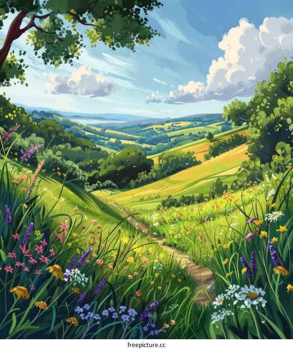 Idyllic Countryside Landscape with Rolling Hills and Wildflowers