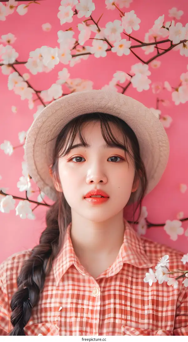 Portrait of a Young Woman in a Straw Hat Against a Pink Background with Cherry Blossoms