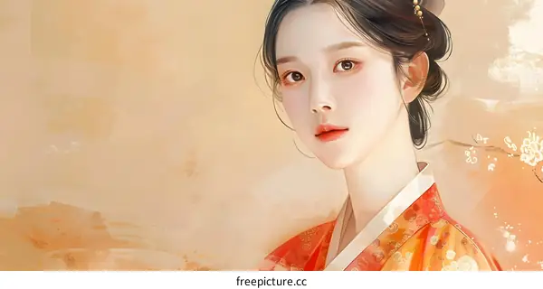 Beautiful Asian Woman in Traditional Hanbok Dress
