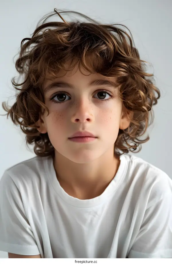 Portrait of a boy with curly brown hair and brown eyes