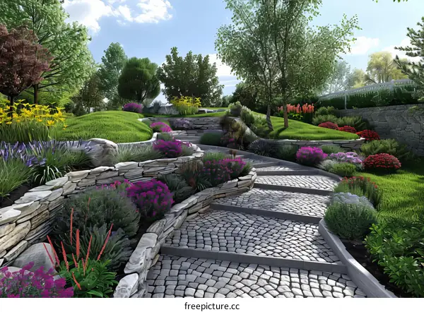 Landscaping with Stone Retaining Walls and Colorful Plants