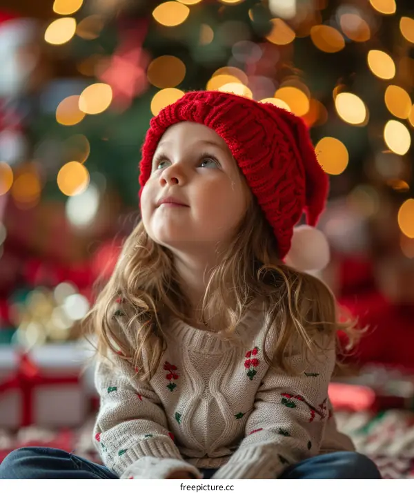 Little girl in red hat looking up at Christmas lights