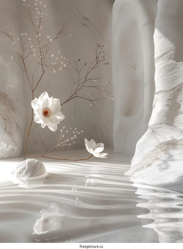 White marble textured background with a flower