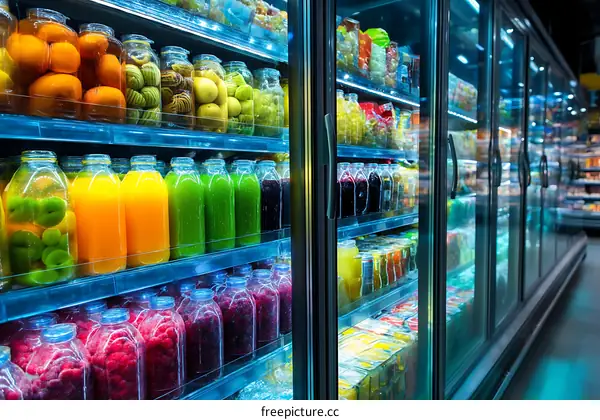 Grocery Refrigerated Display Case with Fresh Produce and Juices