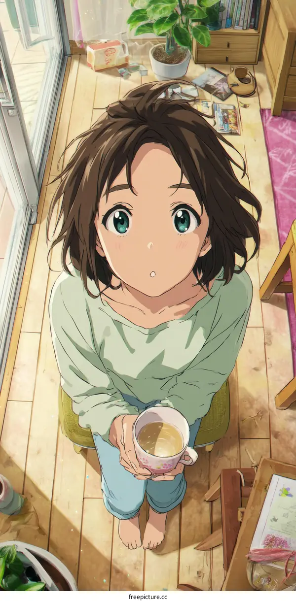 Anime Girl with Coffee in Cozy Room