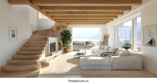 Bright modern living room interior with large windows and wooden staircase