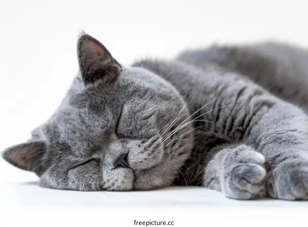 A gray British shorthair cat is sleeping on a white table.