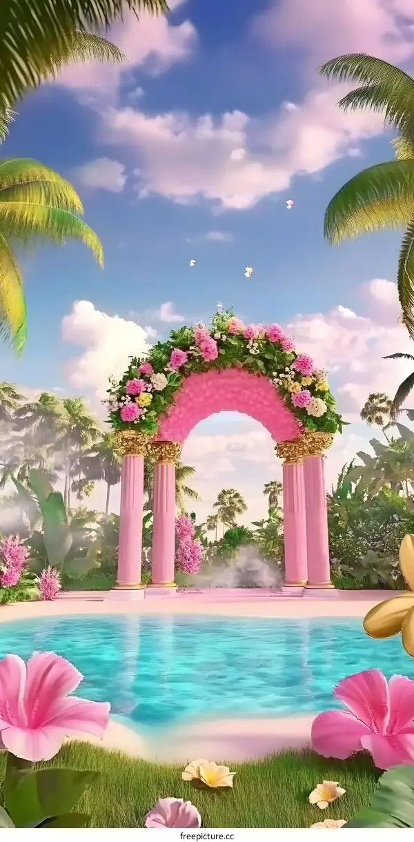 Pink Flower Archway with Pool in Tropical Paradise