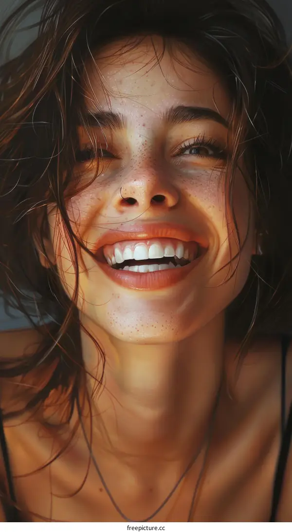 Beautiful Young Woman with Many Freckles Smiles Happily