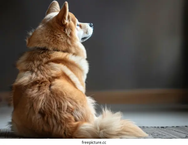 A fluffy ginger dog sits on the floor and looks away from the camera