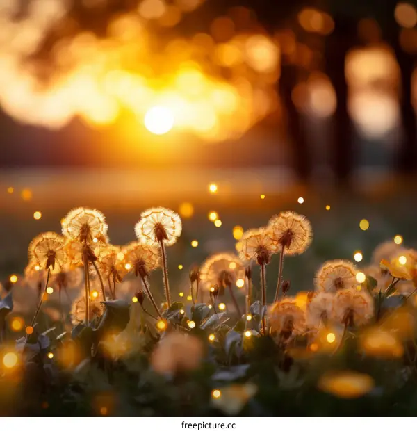 Sunset over a field of dandelions