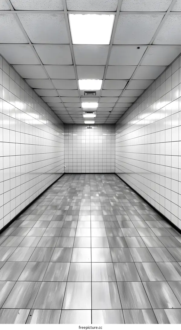 Empty White Tiled Corridor With Fluorescent Lights