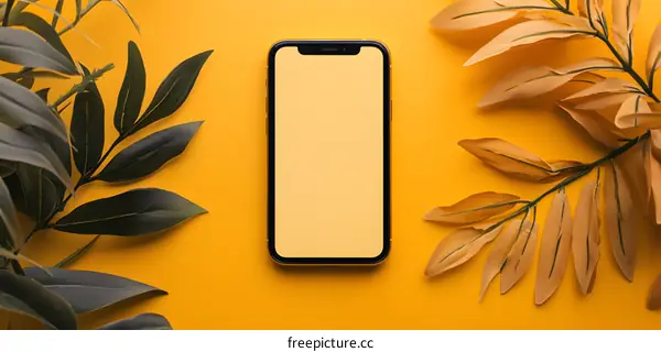 Yellow Background with Smartphone and Green and Brown Leaves