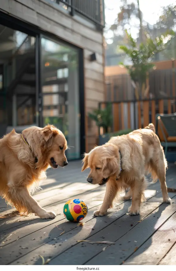 Two Golden Retrievers Playing with a Ball