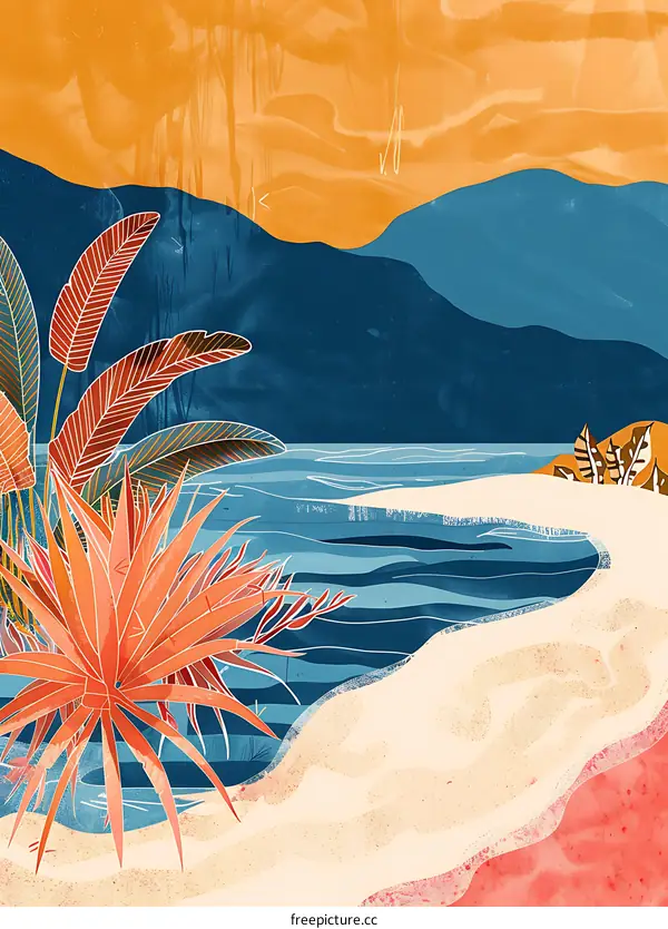 Tropical Beach Illustration with Orange Plant and Blue Mountains