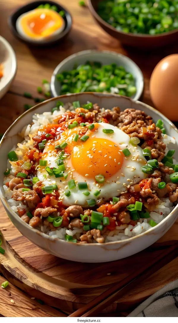 Close Up of Ground Pork and Rice Bowl with Egg