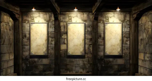 Empty Frame Hanging on Stone Wall with Lighting