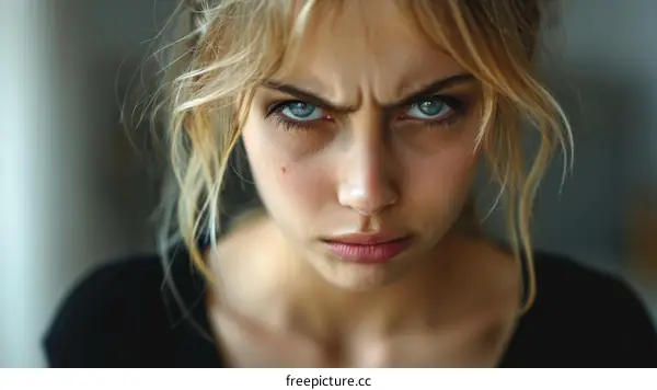 Close-up Portrait of a Caucasian Woman with an Intense Expression