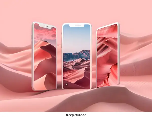 Three White Smartphones with Desert Background