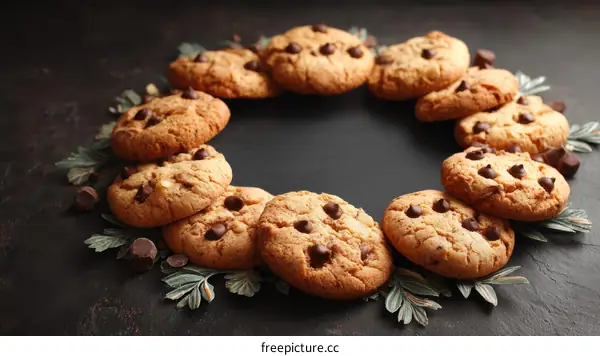 Delicious Chocolate Chip Cookies Arrangement on Dark Background