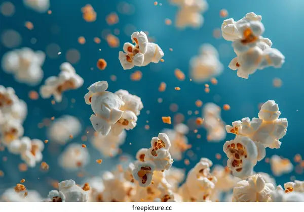 White and yellow popcorn pieces flying in the air on blue background