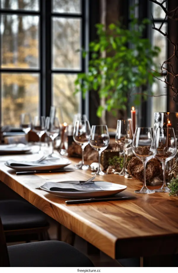 Rustic Wooden Table Setting with Plates, Glasses, and Candles