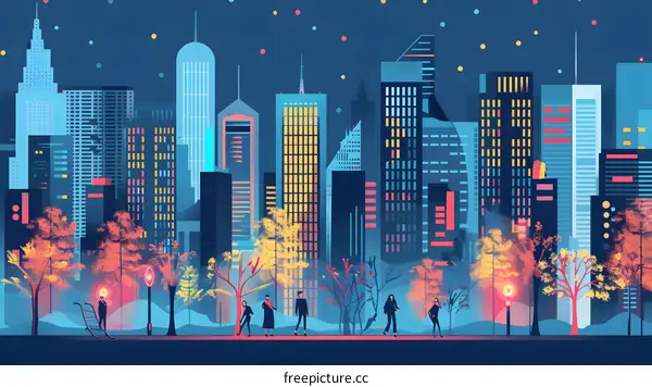 Night City Skyline with People Walking in Park