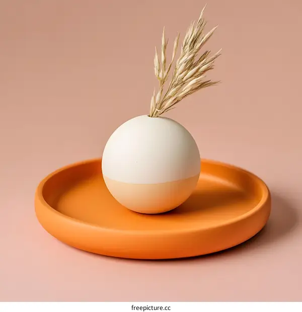 Minimalist White and Orange Vase with Dried Grass on a Tray