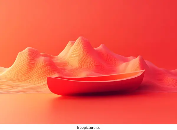 Abstract Orange Red 3D Minimalism Boat on Wavy Hills