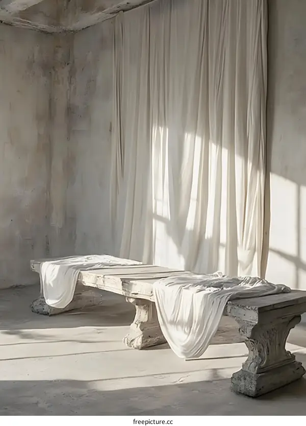 Rustic Stone Bench with White Curtains in a Room with Exposed Brick Walls