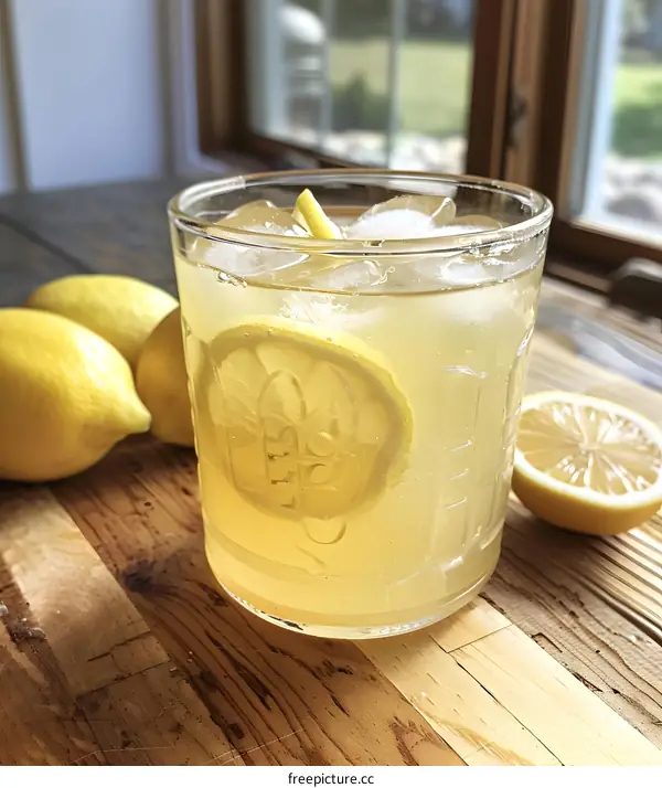 Glass of Lemonade with Lemon Slices and Ice Cubes on Wooden Table
