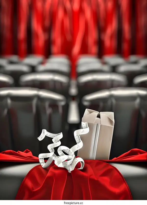 Gift Box with Ribbon on a Red Fabric Stage