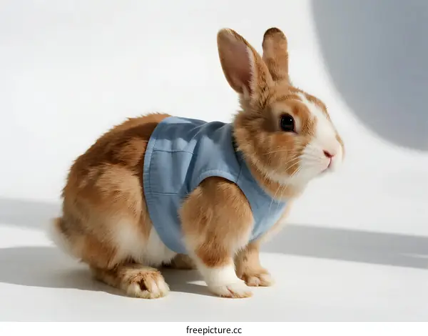 A Small Rabbit Wearing a Blue Vest on White Background