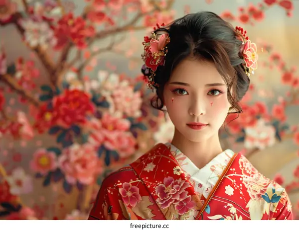 Young Asian Woman in Traditional Red Kimono with Floral Background
