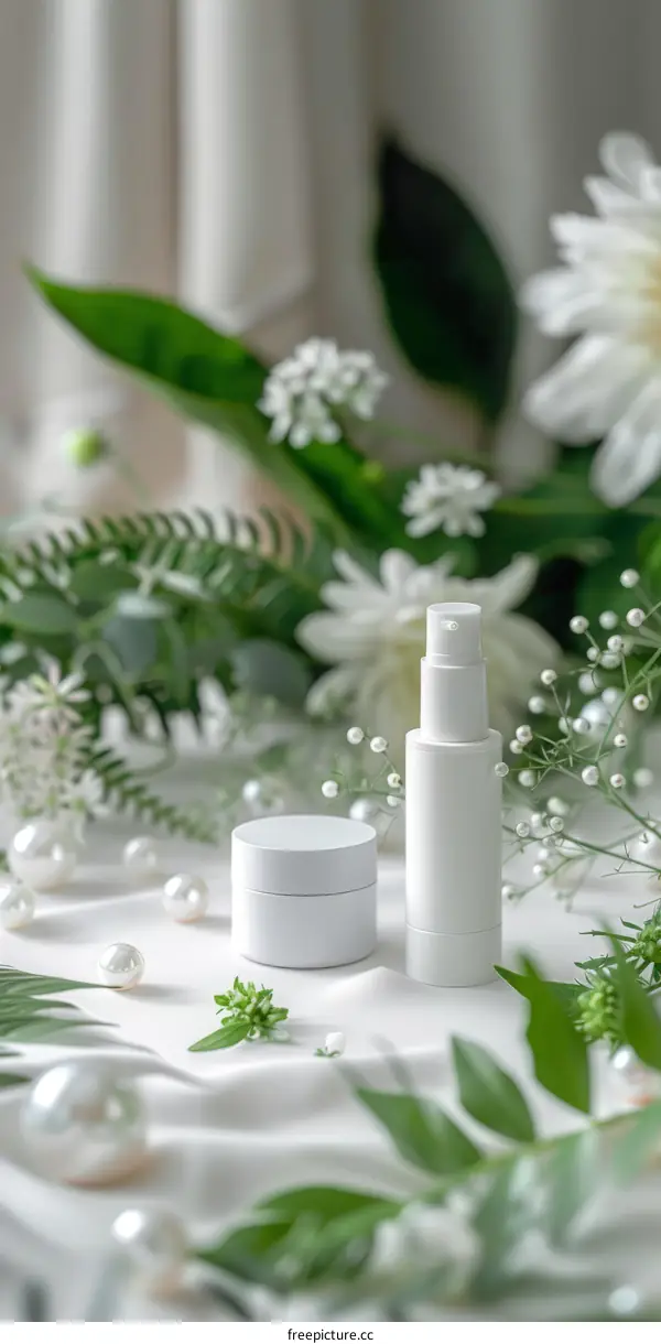 Natural Skincare Products with Green Leaves and White Flowers