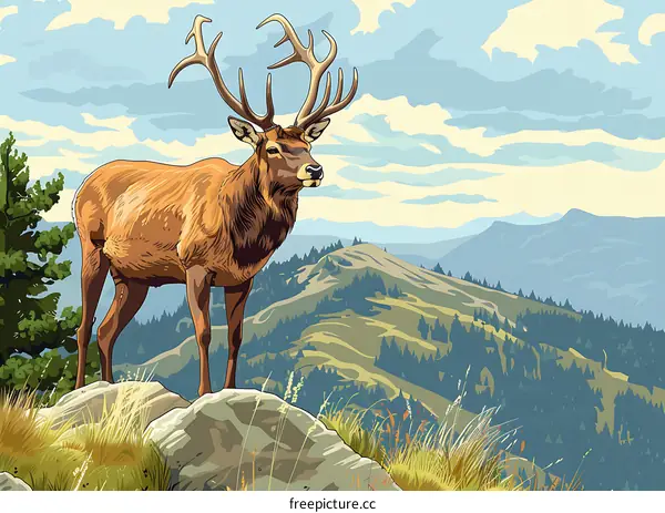 Elk Standing on a Mountain Peak with a View of the Forest