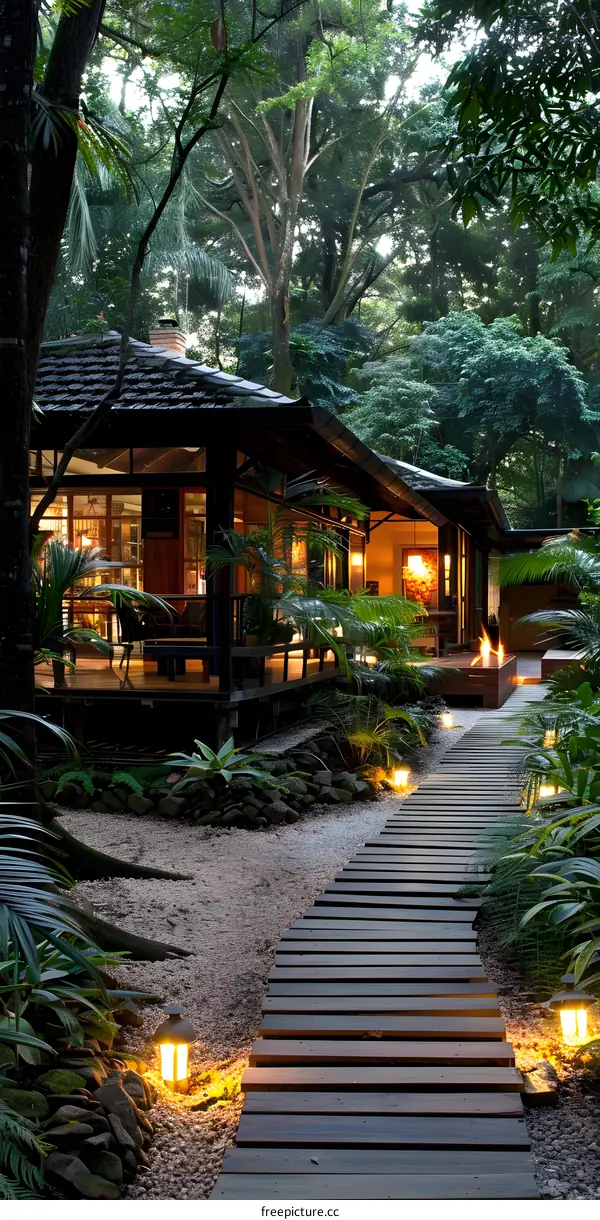 Wooden walkway leading to a modern house in the jungle