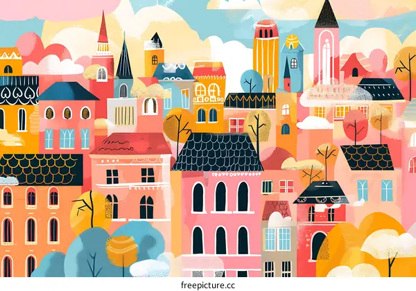 Colorful Illustration of a Town with Houses, Trees and Clouds