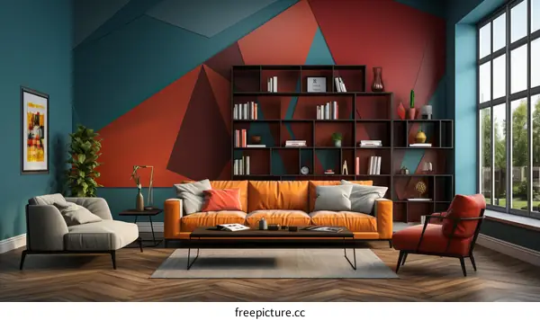 Modern Living Room with Colorful Geometric Wall and Stylish Furniture
