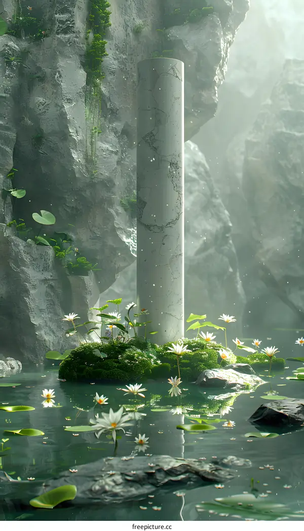fantasy stone pillar in the middle of a pond