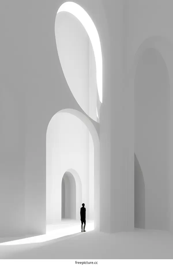 Silhouette of a Person Standing in an Abstract White Archway Interior