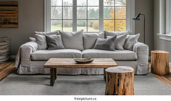 Rustic Living Room with Linen Sofa and Wooden Accent Table