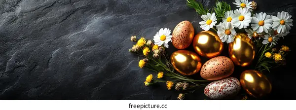 Easter Eggs Decorated on Dark Stone Background