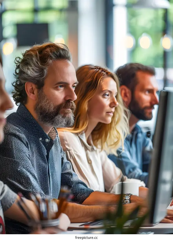 A group of people are sitting around a table looking at something.