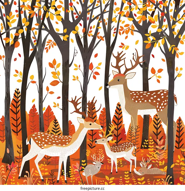 Autumn Forest With Deer Family