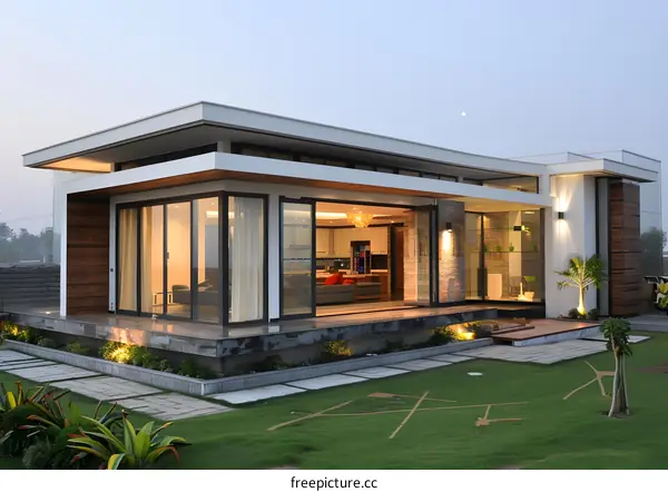 Modern House with Large Windows and Lawn