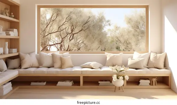 Serene Living Room with Japanese Influence and Large Window to Forest