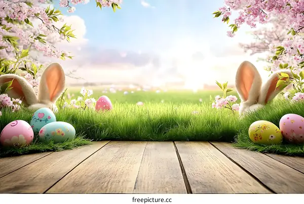 Easter Scene with Rabbit Ears and Eggs on Wooden Floor