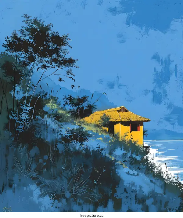 Yellow Hut with Blue Sky and Green Trees