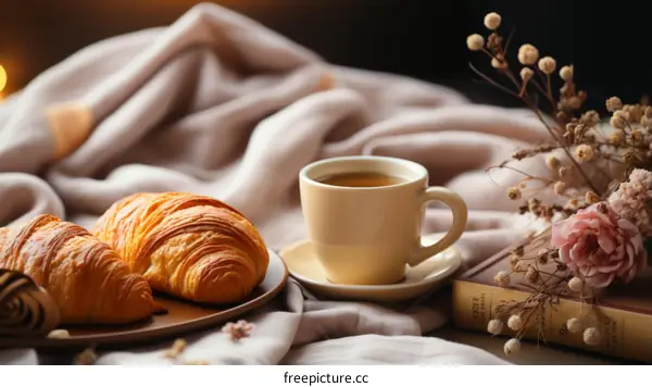 A cup of tea and croissants on a table